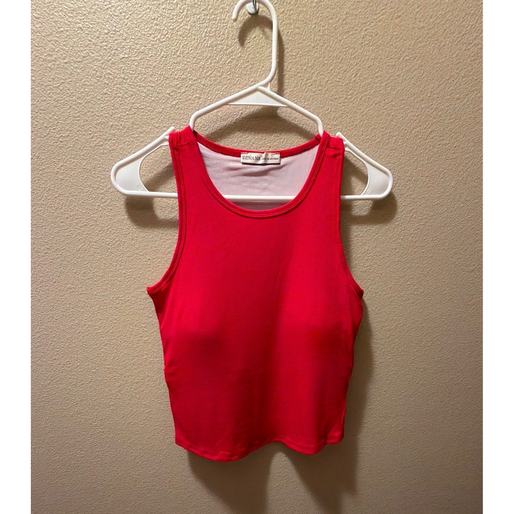 Zenana Red Ribbed Tank Top Built-In Padded Shelf Bra Racerback RRT-8482 Medium